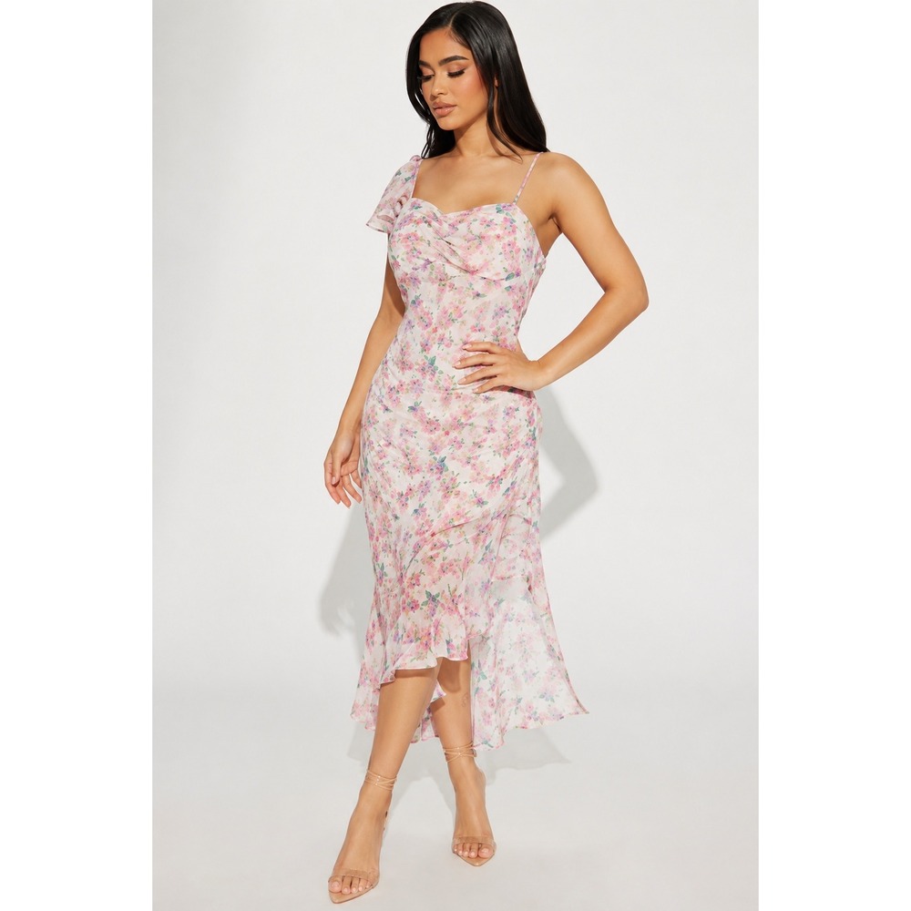 NWT Fashion Nova Floral Dreams Chiffon Midi Dress Pink Romantic Ruffle Size L